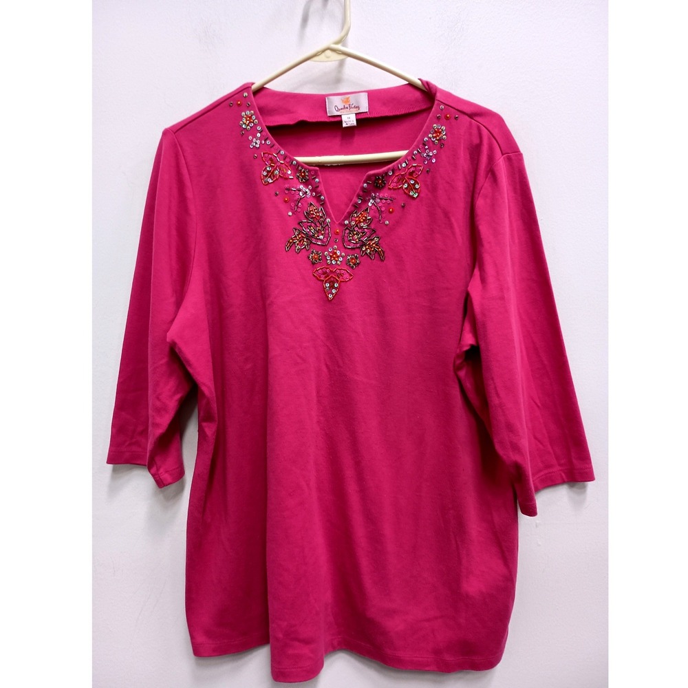 Quacker Factory Top Womens‎ Size 1X Pink Beaded Sequin 3/4 Sleeve V-Neck Casual